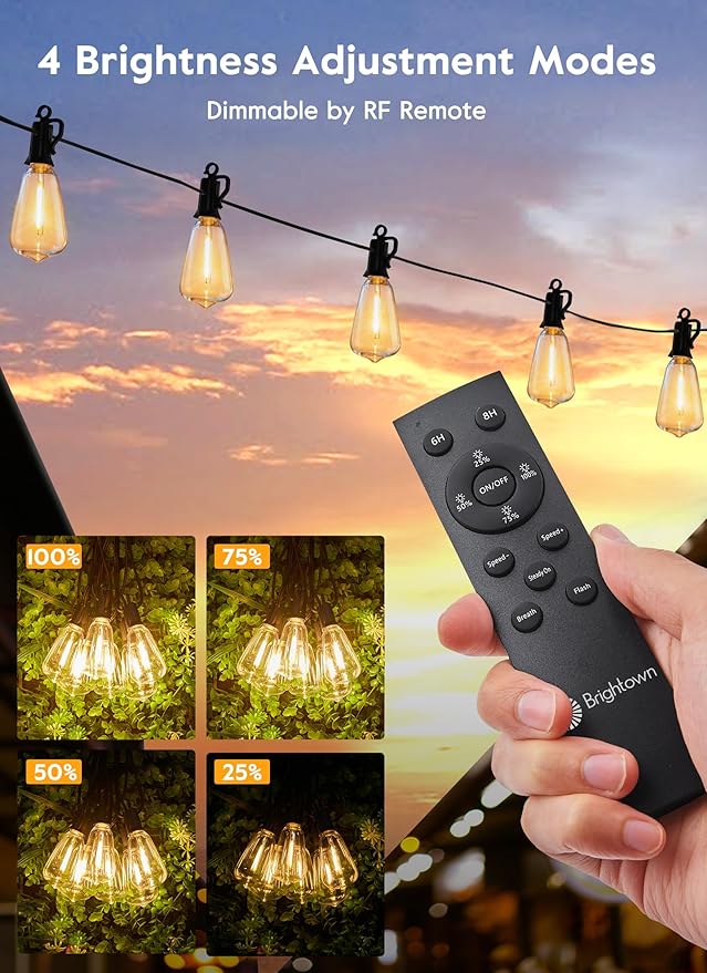Brightown 38FT Solar String Lights Outdoor Waterproof with Remote, 16+1 LED Shatterproof Bulbs, Dimmable & Timable, 3 Light Modes - Commercial Grade Patio Lights for Garden Backyard Party Decor