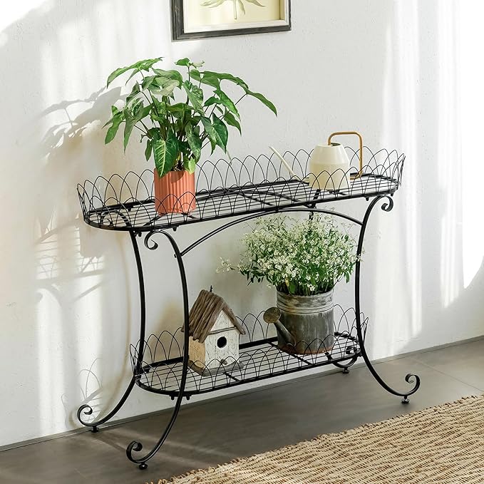 Black Two-Tier Plant Stand with Ornate Edge, 39-inch Long Top Shelf & Waistline Legs, Pots Stand, Fantastic Garden Decor for Indoor Outdoor Use