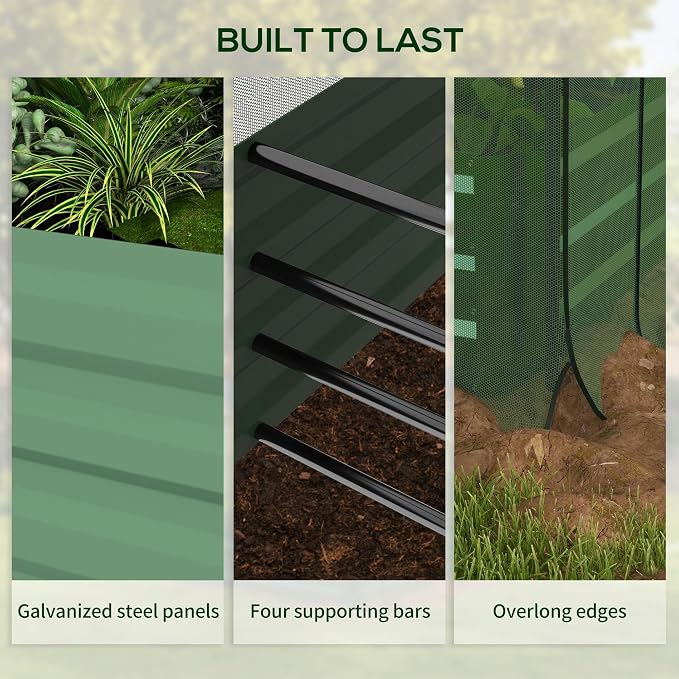 Outsunny 7.3 x 3.4 x 1 ft Galvanized Raised Garden Bed with Crop Cage Plant Protection Net and Shade Cloth Roof, Metal Planter Box with Cover for Vegetables, Flowers, Herbs, Green