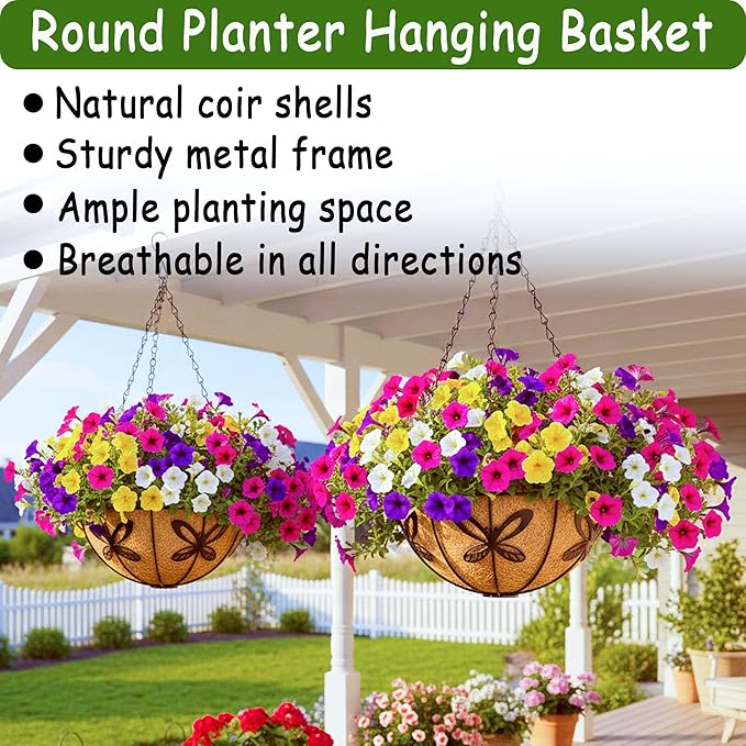 4pcs 14 inch Metal Hanging Baskets Round Wire Plant Stand with Coco Lining Cushion Decorative Planter Hanger Garden Indoor Outdoor Watering Hanging Basket （HD）