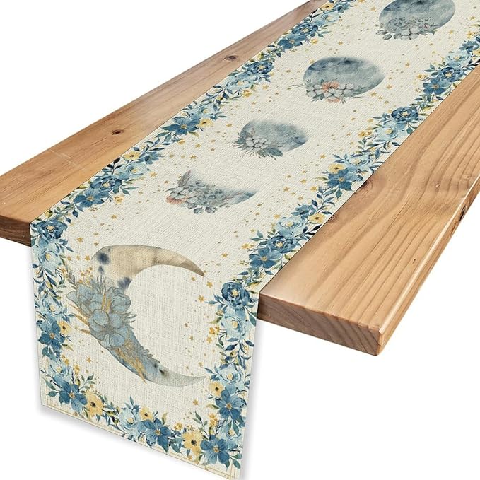 Floral Moon Table Runner, Boho Spring Blue Flower Leaves Seasonal Mystical Gothic Moon Phase Coffee Table Center Decor for Family Party Kitchen Outdoor Farmhouse Wedding Table Decorations, 13" X 72"