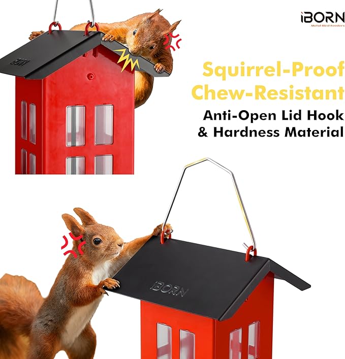 iBorn Bird Feeder House, Metal Bird Feeders for Outdoors Hanging,Double-Sided Metal Hanger & Weatherproof, Easy to Clean & Refill, 1.5 Lbs Capacity, Red