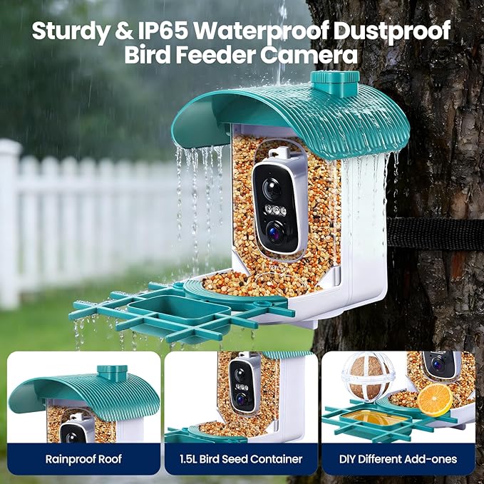 Smart Bird Feeder with Camera : 2K HD Video Live Stream, AI Birds Species Identification ＆ Instant Arrival Alerts, Solar Bird Feeder Camera for Outdoor Backyard, Ideal Gifts for Families nature lovers