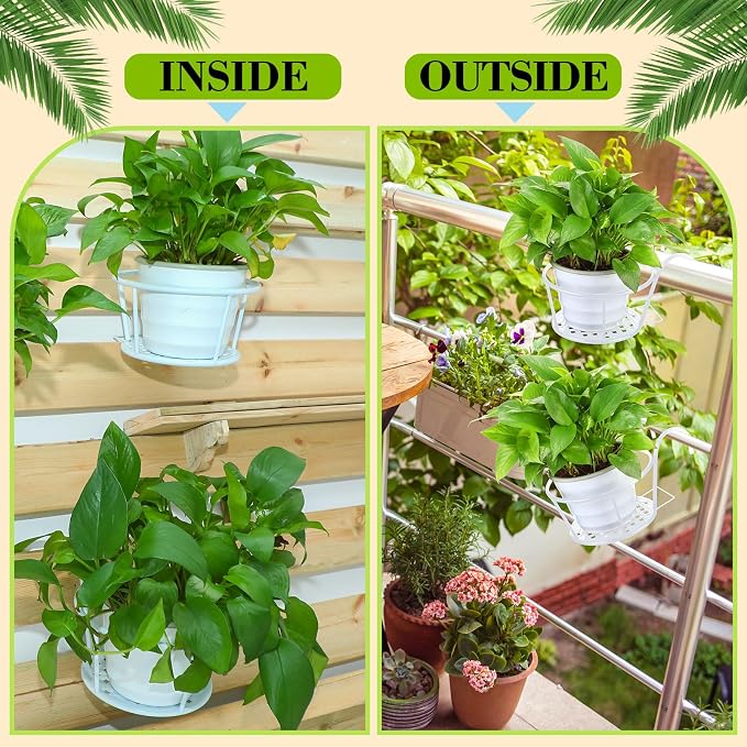Dandat 6 Pcs 8.7'' Iron Metal Railing Flower Pot Hanging Planter Baskets Stair Railing Plant Holder for Patio Balcony Outdoor Plants(White)