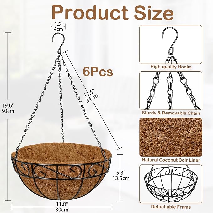 6 Pack 12 inch Metal Hanging Baskets for Plants, Round Metal Wire Hanging Basket Planter with Coco Fiber Liners Chain for Garden Home Porch Patio, Flower Border