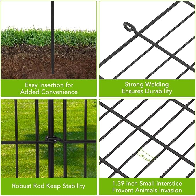GarveeTech 15 Panels No Dig Garden Fence with Gate,32 in (H) x 35.4 ft (L), Garden Fences and Borders,Rustproof Metal Animal Barrier Ground Stakes Fencing for Garden, Patio, Flower Bed