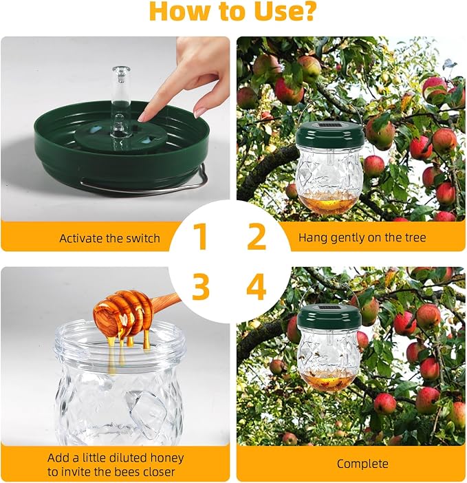4 Pack Solar Wasp Traps Outdoor Hanging: Reusable Yellow Jacket Traps with LED Light - Effective Carpenter Bee Catcher & Hornet Trap - Waterproof Wasp Deterrent for Garden & Yard (4)