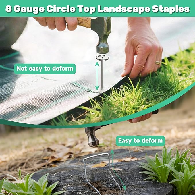 12 Inch 8 Gauge Circle Top Landscape Fabric Staples, HKKZYT 100 Pcs Galvanized Landscape Fabric Pins, Gardening Essentials Garden Weed Barrier Stakes Sod Staples for Outdoor