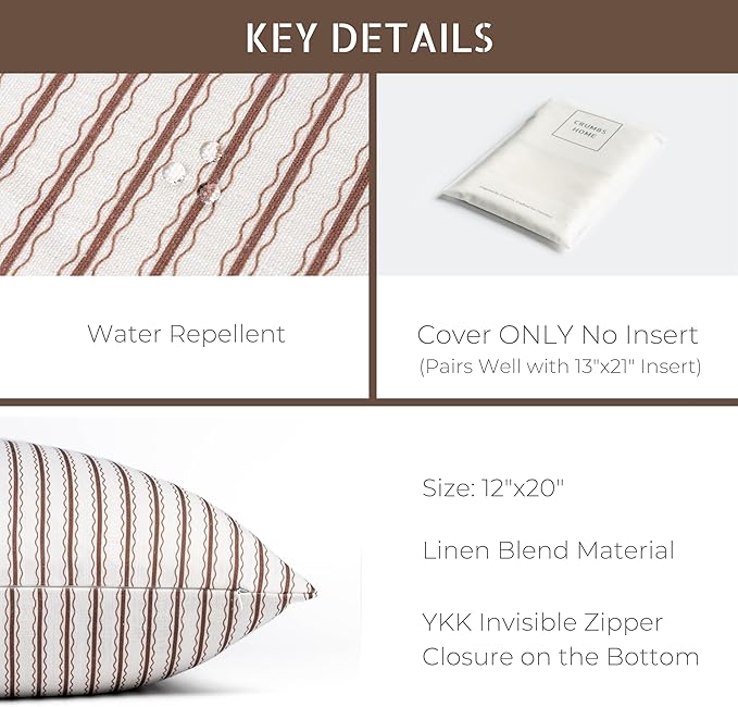 Crumbs Home Modern Farmhouse California Casual Indoor Outdoor Lumbar Pillow Cover, 12"x20" Water Repellent for Patio, Backyard, Couch, Poolside, Cocoa Brown Print Wave Stripes