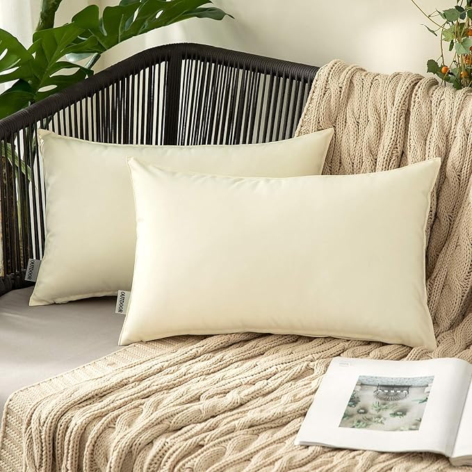 MIULEE Pack of 2 Decorative Outdoor Waterproof Pillow Covers Rectangular Garden Cushion Sham Throw Pillowcase Summer Shell for Patio Tent Couch 12x20 Inch Beige