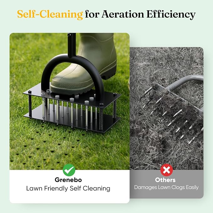 Grenebo Lawn Aerator Manual Aerator Lawn Tool with 16 Spikes, Metal Grass Aerator for Yard, Lawn Aeration, Automatic Soil Ejection, Pre-Assembled Lawn Aerator Tool (Black Red)