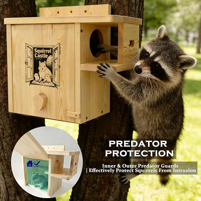 Extra Large Outdoor Squirrel House, Wooden Nesting Box | 0.7-inch-thick weatherproof pine, external rest platform, front porch, ventilation and easy mounting on trees or fences