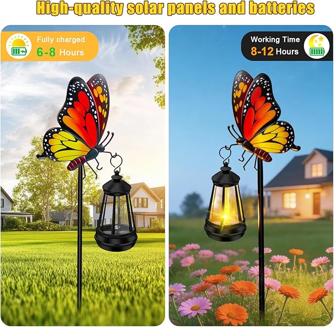 ZFNN Solar Garden Decor Lights Outdoor Waterproof, Metal Butterfly Stakes with Solar Lanterns, Solar Garden Lights for Decorative Yard Art Outside Patio Lawn Ornaments, Gifts for Women Mom