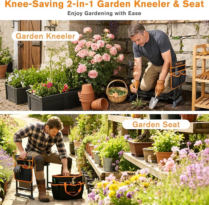 Garden Kneeler and Seat, Extra Wide Thick EVA Pad, Heavy Duty Foldable Garden Bench Holds 350lbs, Ergonomic Kneeling Stool with Garden Tool Pouches, Gardening Gifts for Women, Men & Seniors