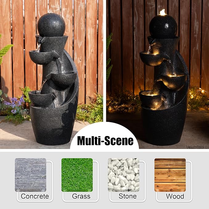 Glitzhome Outdoor Water Fountain with LED Light & Pump, Modern 5-Tier Bowl and Sphere Polyresin Outdoor Fountain, 33.5" Cascading Waterfall Fountain Water Feature for Porch Deck Patio Backyard Decor