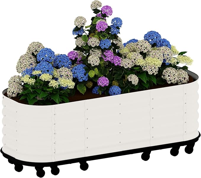 GarveeHome Self-Watering Wheeled Metal Garden Bed – Mobile Raised Planter Box with Water, Galvanized Steel Indoor/Outdoor Rolling Grow Station for Herbs, Veggies & Decor (94.5"x23.6"x19.7"),White