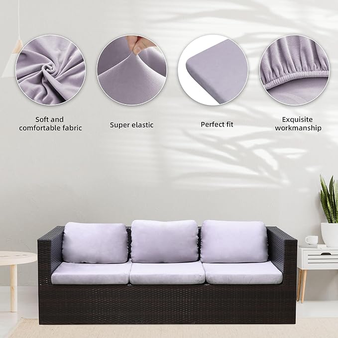 BIETYONE 8Pcs Stretch Velvet Patio Cushion Cover,Fluffy,for Fall Outdoor Couch Cushion Cover Replacement,Washable Indoor Outdoor Cushion Slipcovers(Smoke Gray,Cover Only)