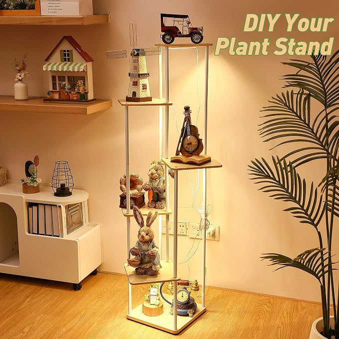 Dreyoo Plant Stand with Grow Light Indoor, 6 Tier 6 Potted Sturdy Metal Plant Shelf, Multiple Plant Holder Tall Plant Ladder for Display Plant Flower Corner Living Room Office (White, Wood Color)