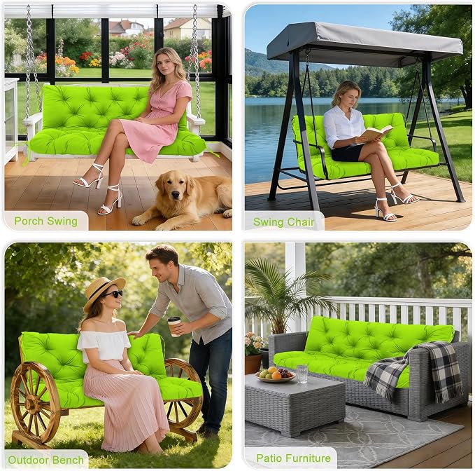 Porch Swing Cushions Outdoor 60 inch x 40 Waterproof Swing Cushions 3 Seater Replacement with Backrest & 8 Ties 5" Thick Bench Swing Cushions for Outdoor Furniture Patio(Grass Green)