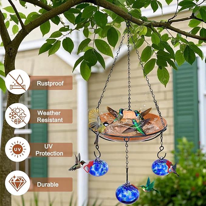 Wind Chimes Hanging Bird Feeders for Outdoors ＆ Bird Bath ＆ Hummingbird Feeders for Outdoors 3-in-1,Hand Blown Glass Hummingbird Feeder Balls,Detachable Feeder ＆ BirdBath(11in)(Phoenix Tail Blue)