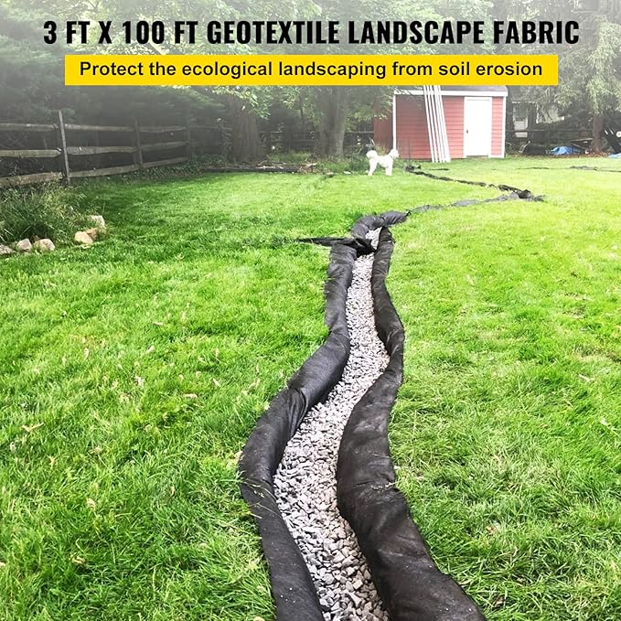 VEVOR Geotextile Landscape, 3ft x 100ft 8 oz, Non-Woven PP Drainage 350N Tensile Strength & 440 N Load Capacity, for Ground Cover, Garden Fabric, French Drains, Black