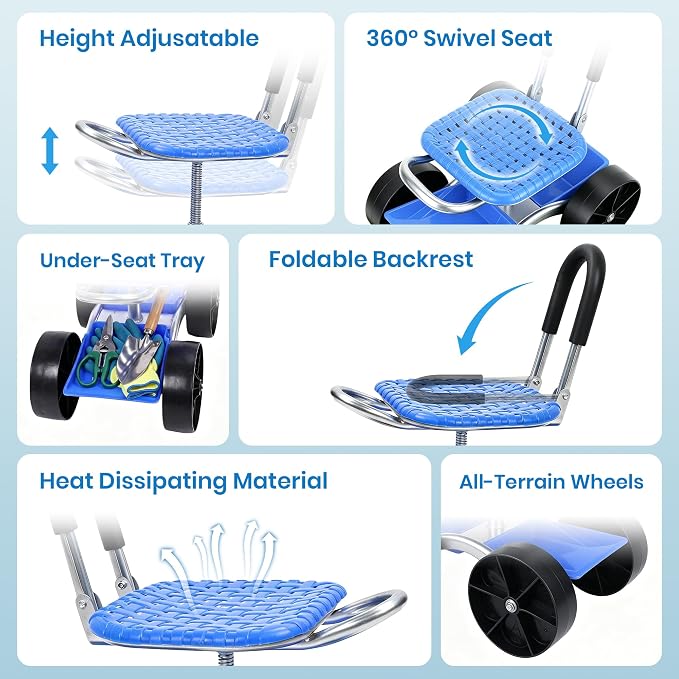 Rolling Garden Cart with 360° Swivel Seat, Garden Stool with Under-Seat Tray, 6” All-terrain Wheels, Height Adjustment, Use for Patio, Yard, and Outdoors, Gardening Gifts for Women, Parents, Seniors