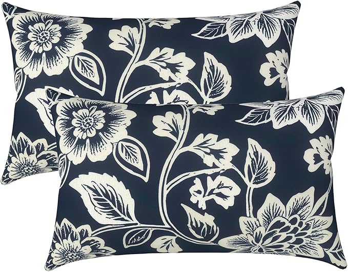 LVTXIII Outdoor/Indoor Lumbar Pillows, Decorative Patio Lumbar Cushions, Fluffy Water Repellent Garden Cushions for Home Patio Coach Sofa Use, 12×20 Inch, Pack of 2, Elegant Vines Navy