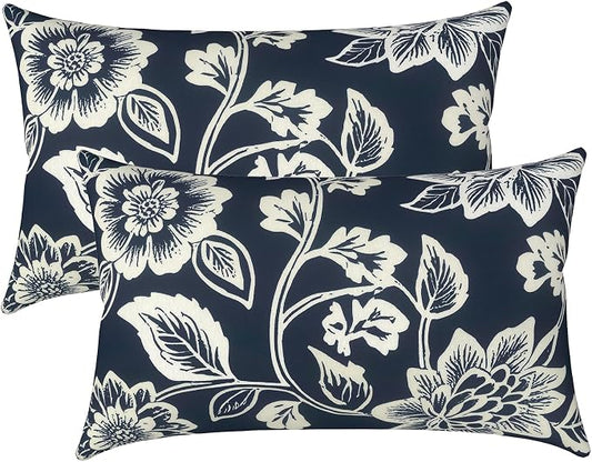 LVTXIII Outdoor/Indoor Lumbar Pillows, Decorative Patio Lumbar Cushions, Fluffy Water Repellent Garden Cushions for Home Patio Coach Sofa Use, 12×20 Inch, Pack of 2, Elegant Vines Navy