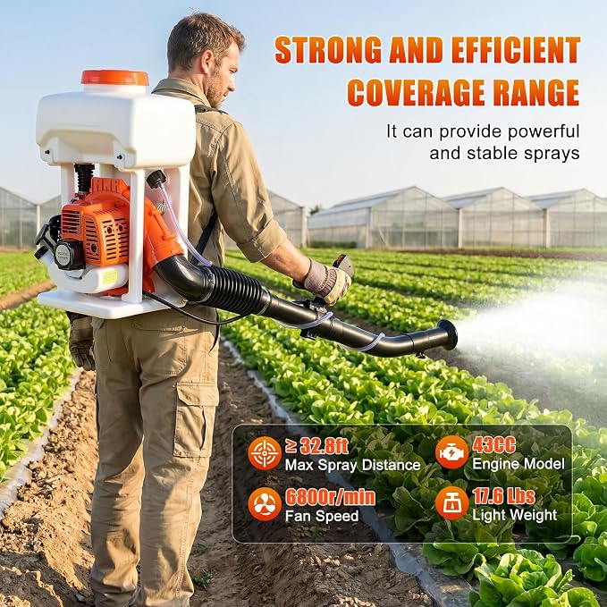 Gas Powered Backpack Fogger, 43cc 2-Stroke Engine Garden Sprayer, 3.7 Gallon Tank Insect Control Cold Mist Duster for Agricultural Lawn and Farm Use, 32ft Spray Range Red