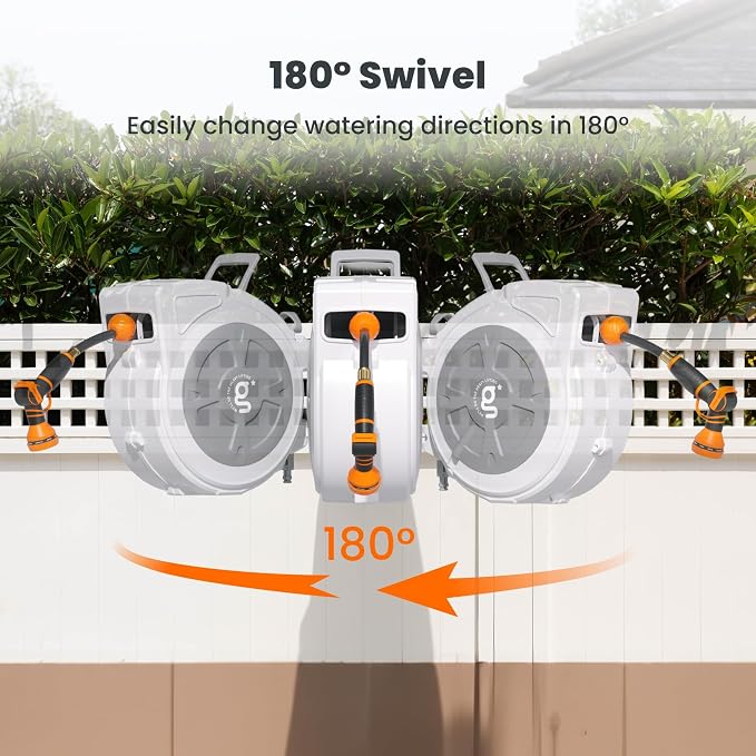 Giraffe Tools Retractable Hose Reel 1/2" x 65 ft Heavy Duty Water Hose Reel, Swivel Bracket, Any Length Lock, with 9-Function Sprayer Nozzle