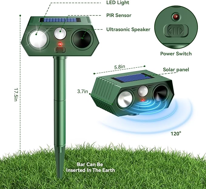 Ultrasonic Animal Repellent Outdoor witht Motion Sensor&LED Strober Ligh Cat Deterrent Outdoor Deer Repellent Device to Scare Fox Dog Raccoon Squirrel Skunk Rabbit (2-Pack)