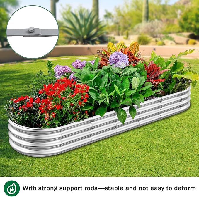 RAYKEEP 2pcs 8x2x1FT Raised Garden Beds Outdoor Kit, Galvanized Oval Planter Box, Metal Bottomless Elevated Garden Boxes Set for Planting Vegetables, Fruits, Flowers, Silver