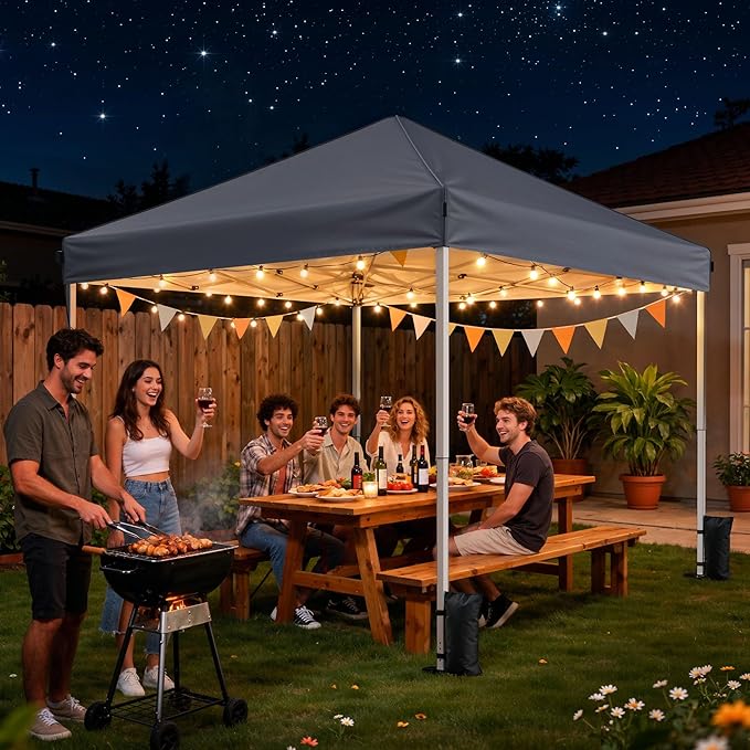 Driftalia 10x10 Pop Up Canopy Tent, Instant Setup Portable Canopy with Carry Bag, 4 Sandbags and 8 Stakes for Outdoor Events, Parties & Camping - Dark Grey