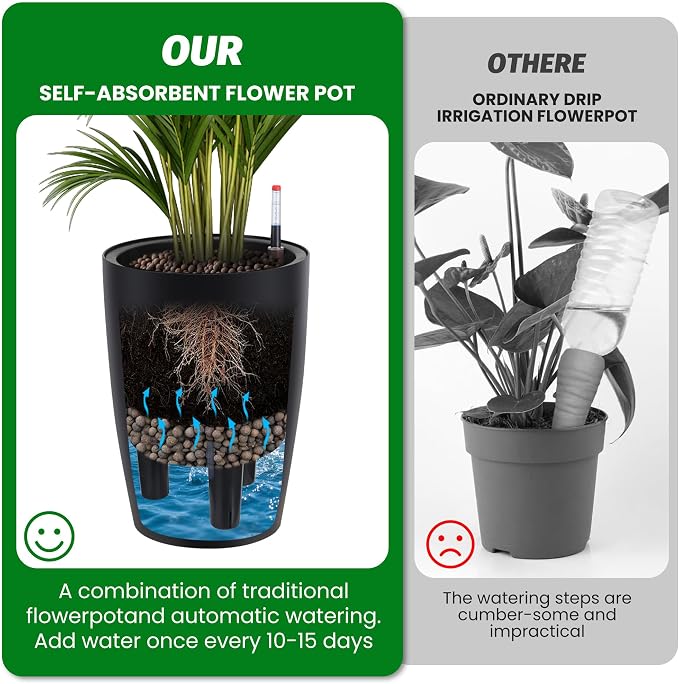 Garvee Tall Planters for Outdoor Plants, 16 in Large Planters Set of 2, Outdoor & Indoor Planters with Water Level Monitor ＆ Inner Bucket, Automatic Watering, for Porch, Patio, Backyard, Black