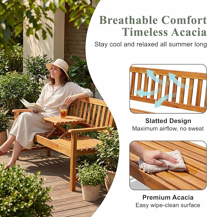 Devoko Outdoor Bench, 2-Person Garden Bench, Patio Wood Bench Outdoor Loveseat with Pull-Out Center Table for Backyard, Balcony and Patio and Garden (Log Color)