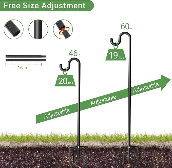 60" Shepherds Hooks for Outdoor, Extra Thick Bird Feeder Pole with 5 Prong Base, Adjustable Shepards Hook for Garden, Weddings, Hanging Plant
