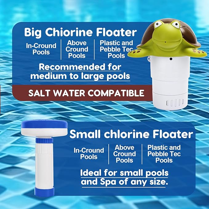 Merkia Pool Chlorine Floater, Large Capacity Floating Chlorine Dispenser Fits Up to 5 Pc 3-Inch Chemical Tablets, Heavy-Duty Plastic-Anti-Aging,Top Vacuum Design- Prevent sinkin (Turtle)