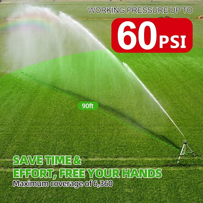 SPECILITE Brass Impact Sprinkler on Tripod Base, 50” Heavy Duty Metal Pulsating Telescoping Sprinkler, 360 Degree Irrigation for Large Area, Yard, Lawn, Waters up to 90ft, Covering up to 6360sqft