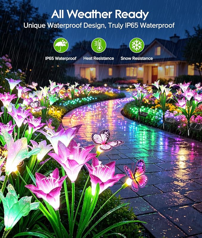 KOOPER Solar Lights Outdoor Garden Decor 10 Pack, 40 Lily Flowers and 30 Swaying Butterflies, IP65 Waterproof 7 Color Changing Solar Flower Lights for Yard Patio Pathway, Gifts for Mom Women Grandma