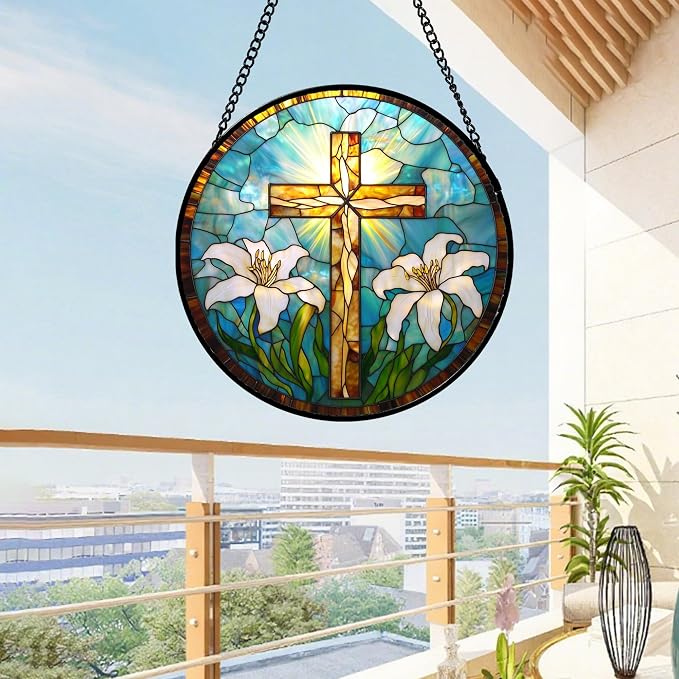 DASTOLL Christian Gifts for Women - Cross Stained Glass Window Hanging Jesus Easter White Lily Flower Sun Catcher Garden Religion Decor Mother's Day Catholic Gift for Men Grandma Mom Her Nana 6.3"