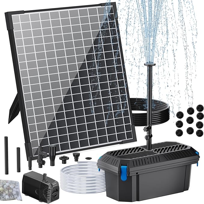 POPOSOAP 25W Solar Pond Filter with Water Pump, Solar Pond Filter Box with Water Flow Adjustable, Pond Pump with PVC Tubing for Outdoor Pond Fish Tank Waterfall Garden Water Feature-P3253