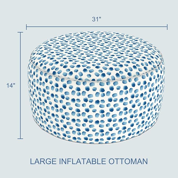 LVTXIII Indoor/Outdoor Large Inflatable Ottoman Pouf D31 x H14 Inch, Round Footstool with Handle, Weather-Resistant Portable Furniture for Patio, Camping, Beach, Brush Blue