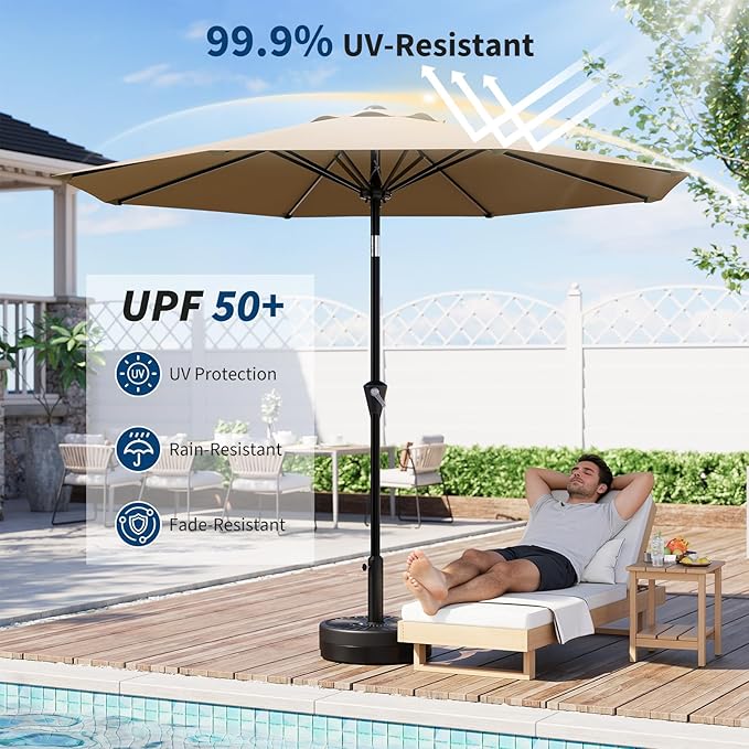 GarveeLife 9FT Umbrella Outdoor Patio, Table Umbrella with Push Button Tilt and Crank, 8 Sturdy Ribs Waterproof UV Protection for Garden, Pool, Deck, Backyard, Market (Khaki)