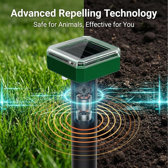 8 Pack Solar Mole Repellent, 2026 Upgraded Ultrasonic Gopher Deterrent Stakes, IP65 Waterproof Sonic Vole Groundhog Snake Control for Lawn Garden Yard Farm