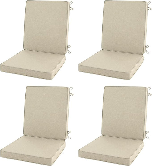 Outdoor Chair Cushions, Water-Resistant & Fade-Resistant, Patio Furniture Lawn Dining Chair Seat Replacement with Mid Back, Ties Zipper, Removable Cover, 18 x 16.5 Inch, Set of 4, Beige