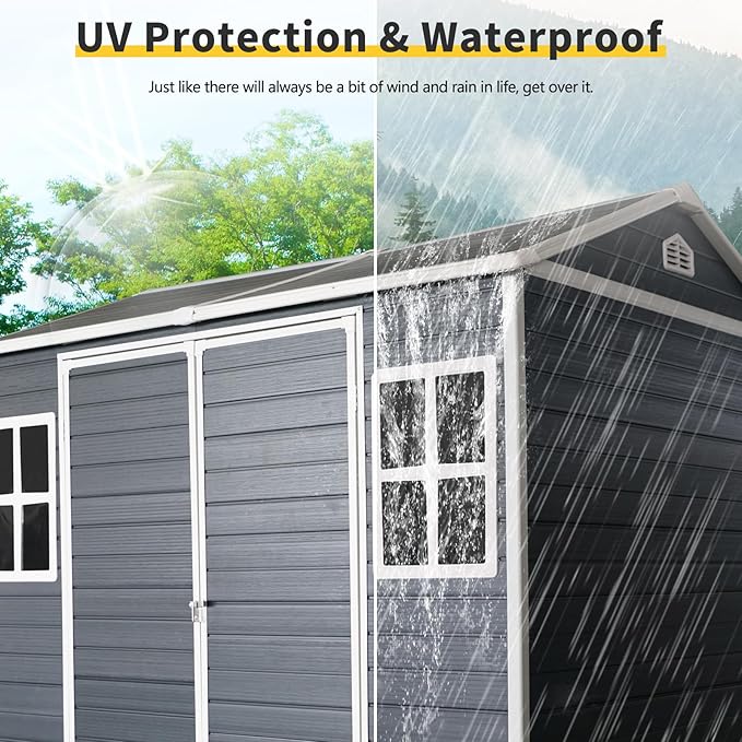 Ball & Cast 6x8 FT Outdoor Storage Shed,Multi-Wall Resin Panels Garden Tool House with 2 Window and Floor,Waterproof Cabinet W/Sloping Roof & Double Doors,Shelter for Patio,Lawn,Black