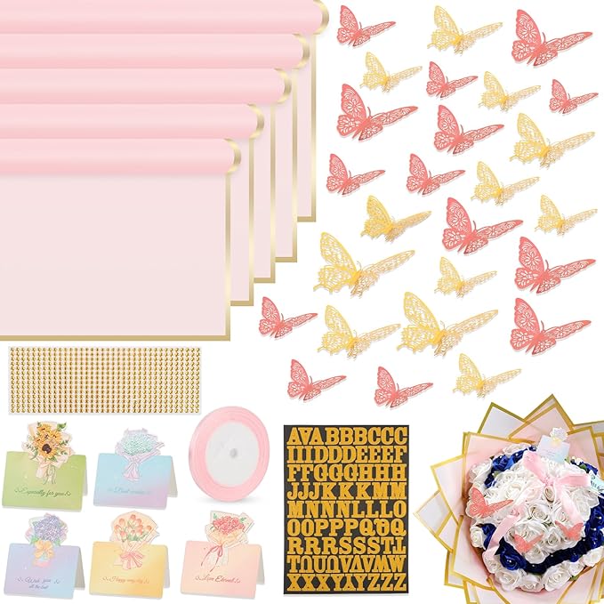 BESUPERT A Bundle of 260Pcs and 52Pcs Flower Bouquet Wrapping Paper Accessories Kit