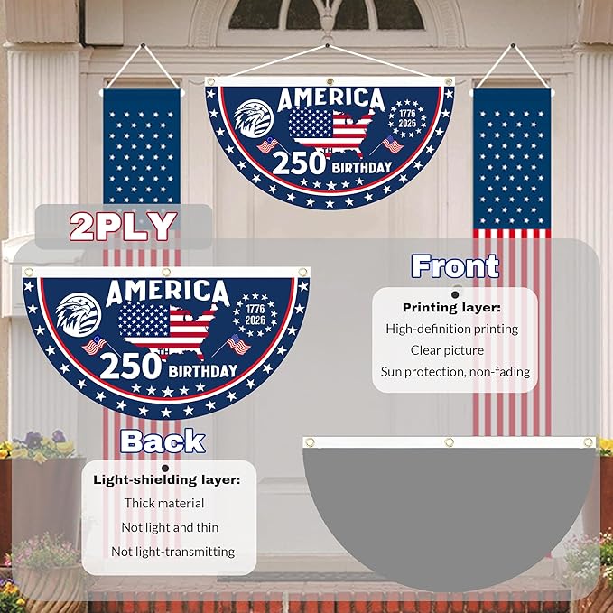 2PCS 250th Anniversary USA Flag, 1.5X3 FT 1776-2026 Fan Flags, 2 Ply Year American Anniversary Flag for Wall, Front Door, Porch, Fence, Outdoor Decorations (Style 4)