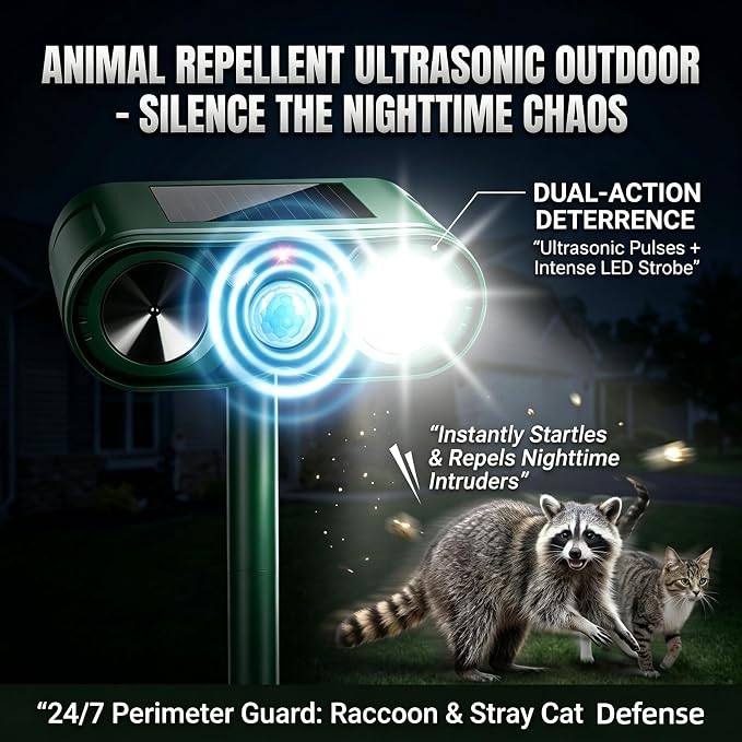 2Pack Upgraded Sonic Fortress Pro Deer Repellent Solar Ultrasonic Animal Repellent Outdoor Cat Deterrent with Motion Sensor Strobe Light for Skunk Rabbit Raccoon Squirrel Fortress Pro for Yard Garden