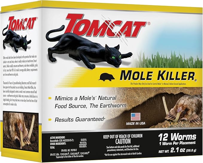 Tomcat Mole Killer(a) - Mimics Natural Food Source, Kills with a Single Feeding, Mole Killer for Lawns and Yards, 12 Worm Baits